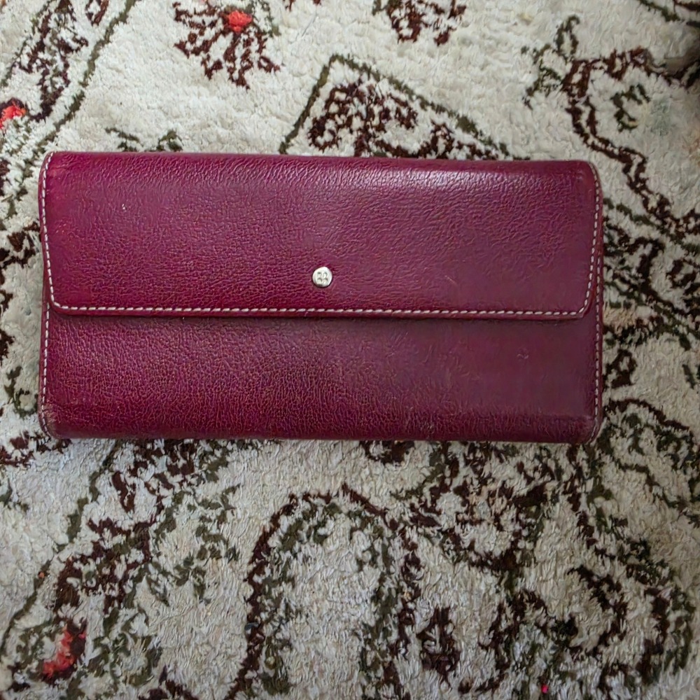 Magenta Pebbled Leather Tri-Fold Clutch Wallet Burgundy Contrast Stitch